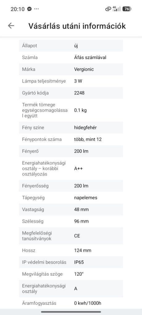 A VERGIONIC 2248 lámpa vásárláskori műszaki adatai