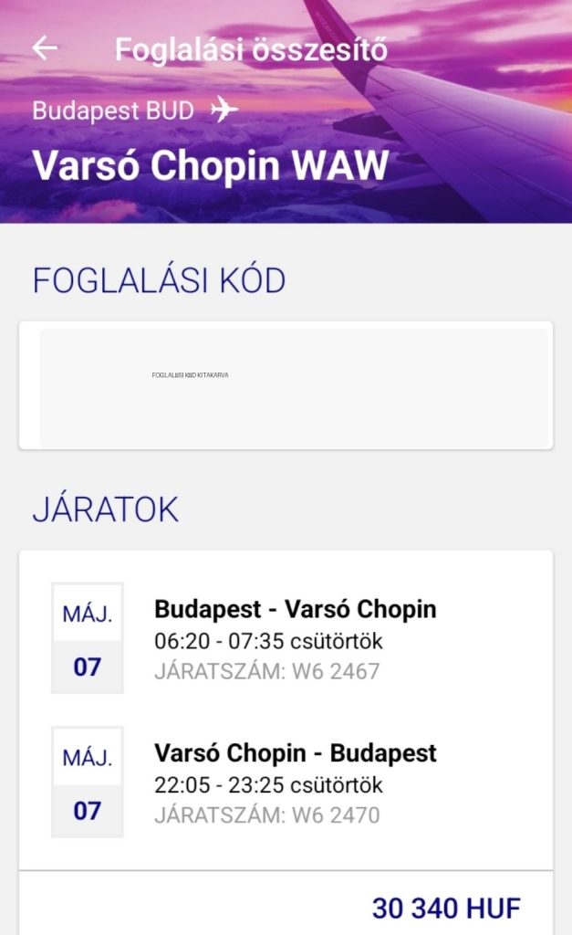 Wizz Air Budapest Varsó retúr foglalás május 7-re két fő részére