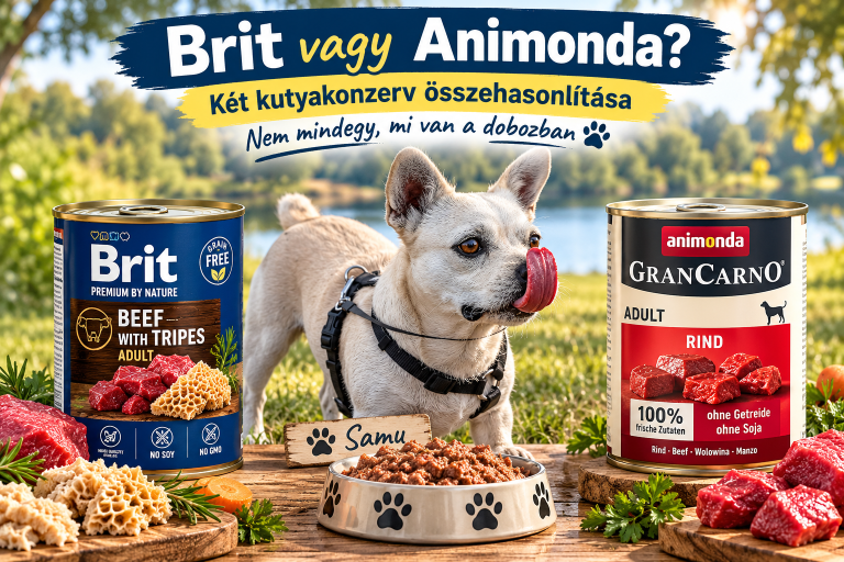 Samu a Brit és Animonda kutyakonzervek között